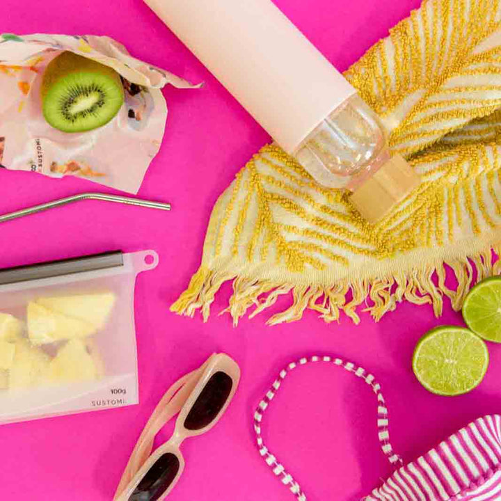 Georgie Wilson - beach theme beeswax wrap flat lay pink
