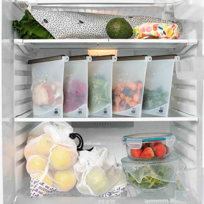 organised fridge with silicone food pouches, beeswax wraps, produce bags | SUSTOMi