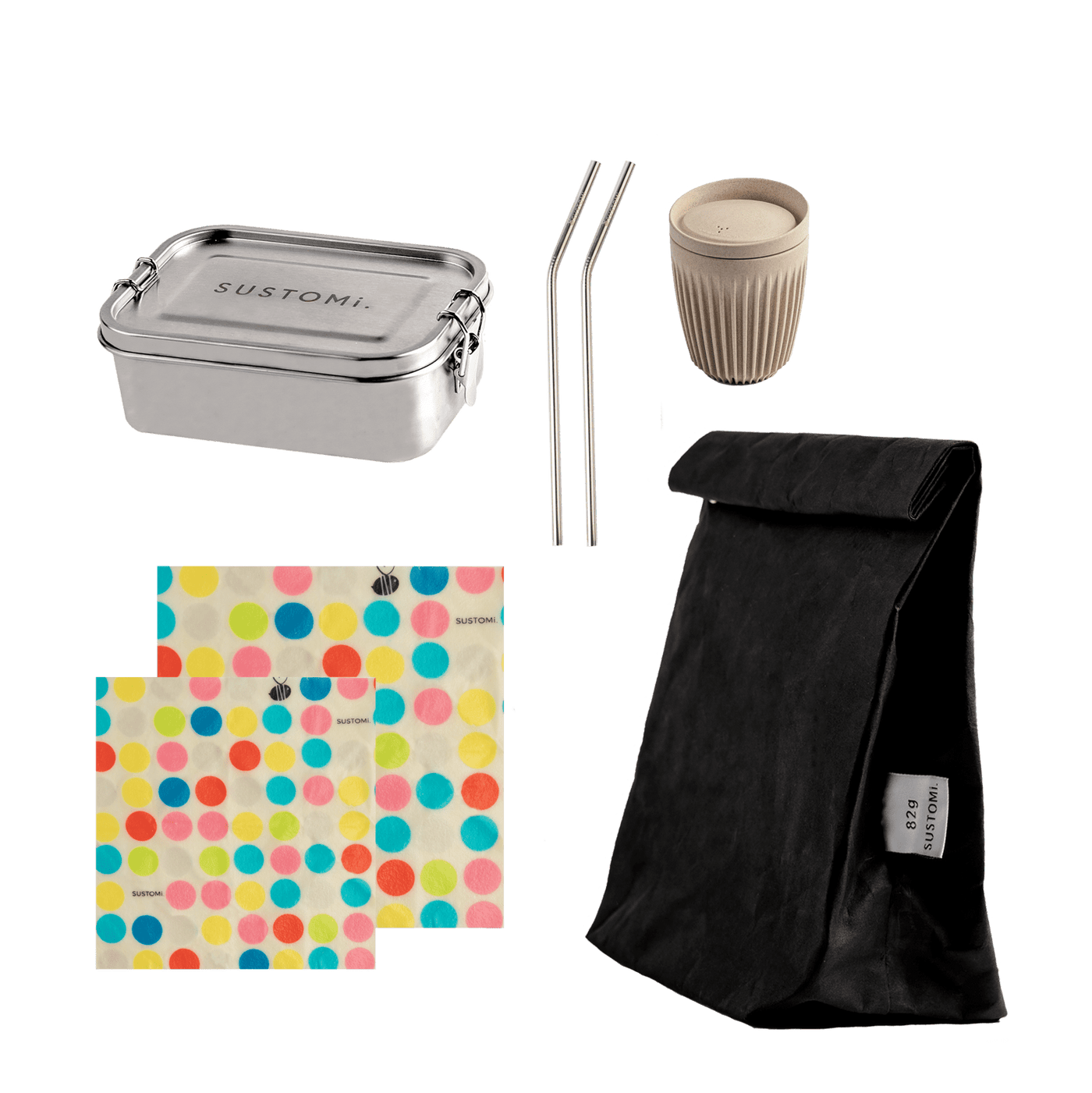 Lunch value pack sustainable lunch kit | Lunch bag stainless steel lunch box coffee cup metal straw | nude food | SUSTOMi your freshly organised life
