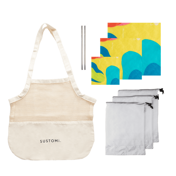 Eco starter pack bundle kit | organic cotton tote bag recycled produce bags beeswax wraps tasmania | SUSTOMi your freshly organised life